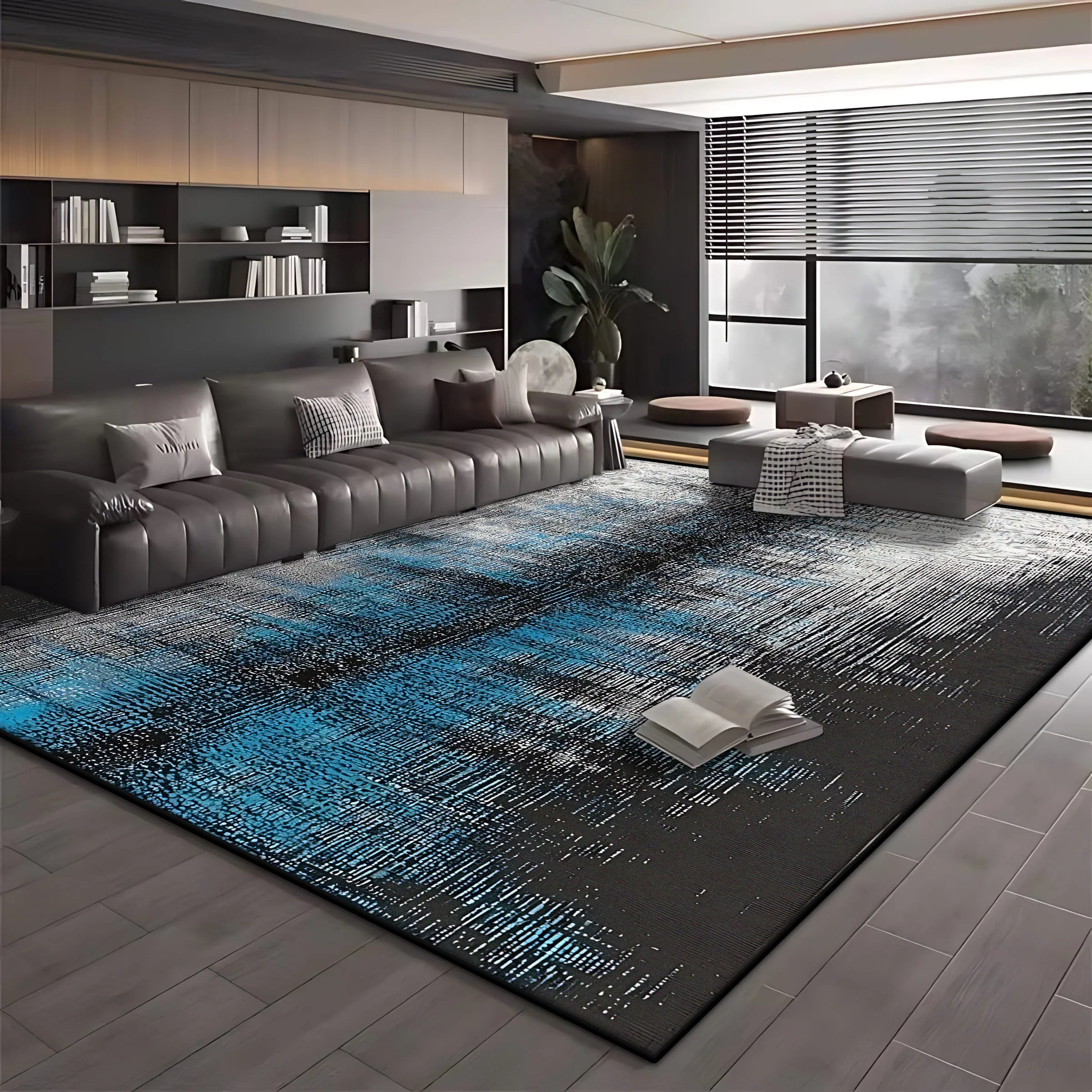 Modern Blue Black Minimalist Area Rug – Soft Washable Anti-Slip Carpet for Living Room & Bedroom