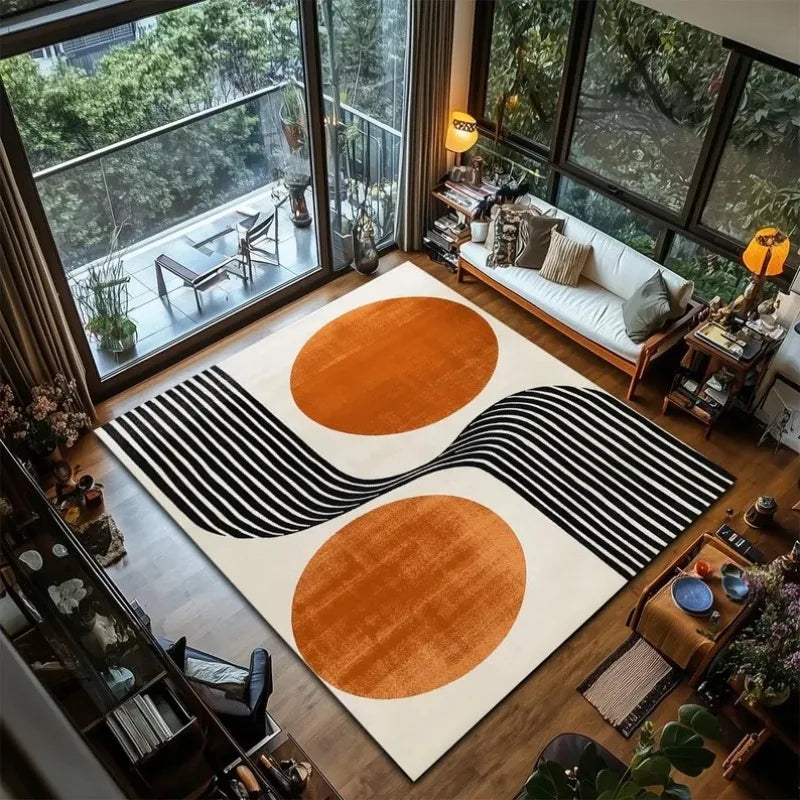 Solar Echoes GeoRug by Liora Hale — Retro Minimalist Orange Line Art Carpet