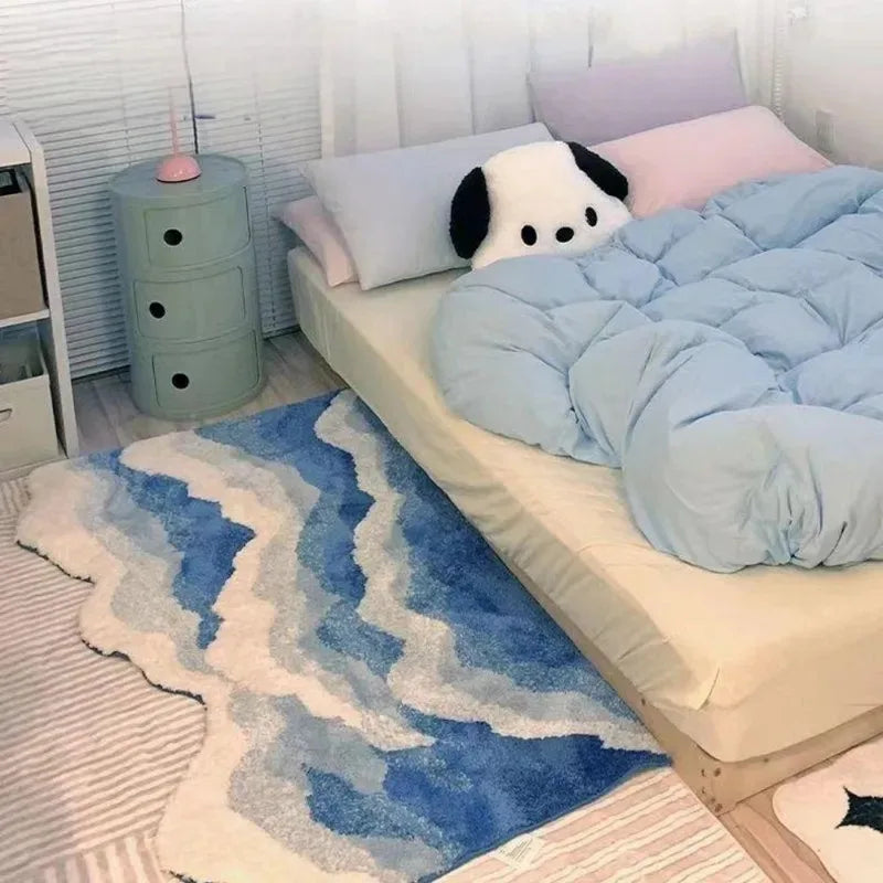 Ocean Wave Tufted Rug – Blue Abstract Floor Mat for Bedroom or Living Room